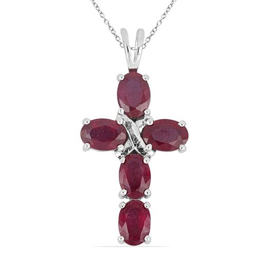 BUY 925 SILVER NATURAL GLASS FILLED RUBY GEMSTONE CROSS PENDANT